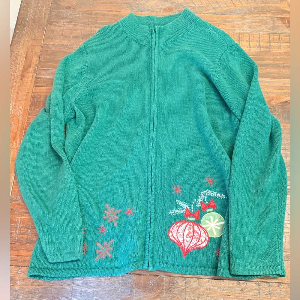 Coldwater Creek Holiday Zip Cardigan Sweater Women’s 1X Green Ornaments - Picture 2 of 9